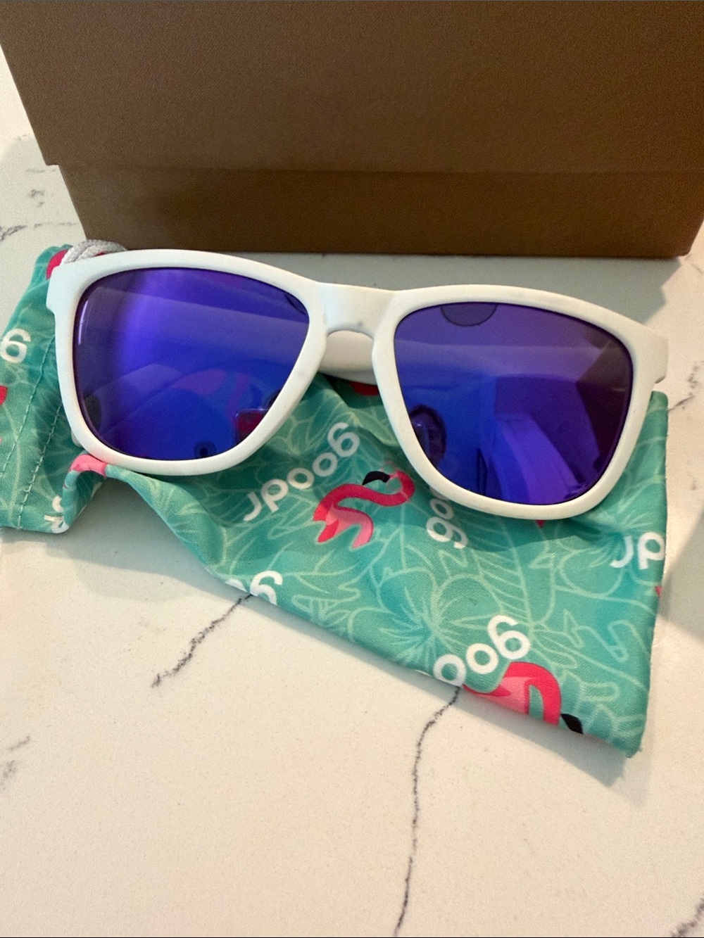 Goodr 1 White Frame Sunglasses with Blue Purple Mirrored Lenses